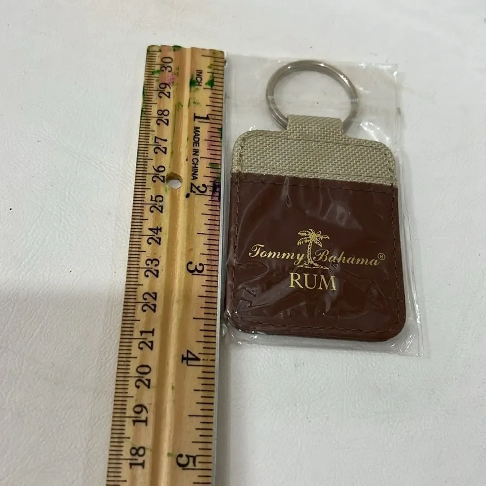 Tommy Bahama Rum Tan Brown Silver Leather Canvas Key Ring 3 1/2 Tall 2 In Wide